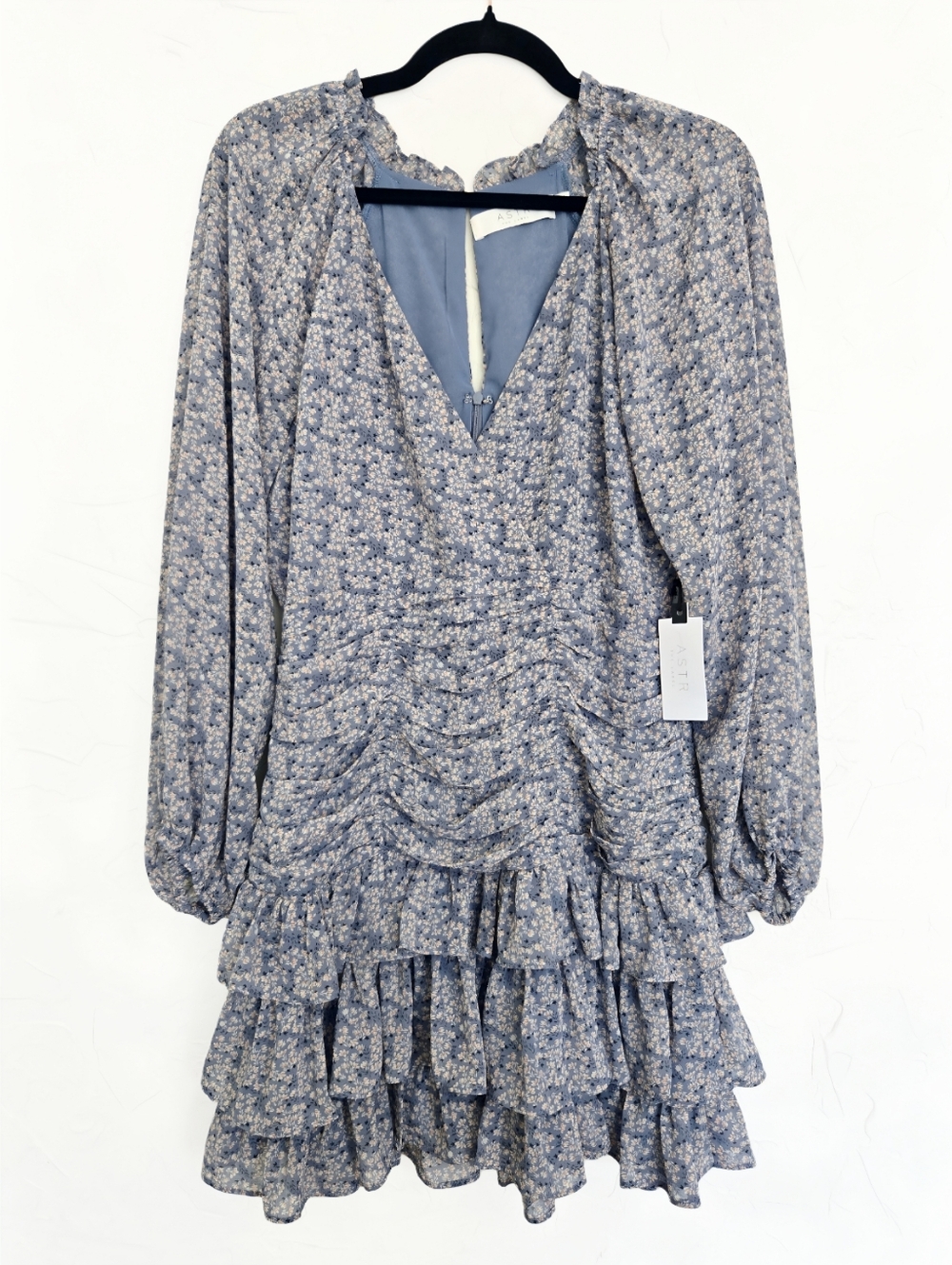 NWT ASTR Floral Blue Ruffled Ling Sleeve Dress, M
